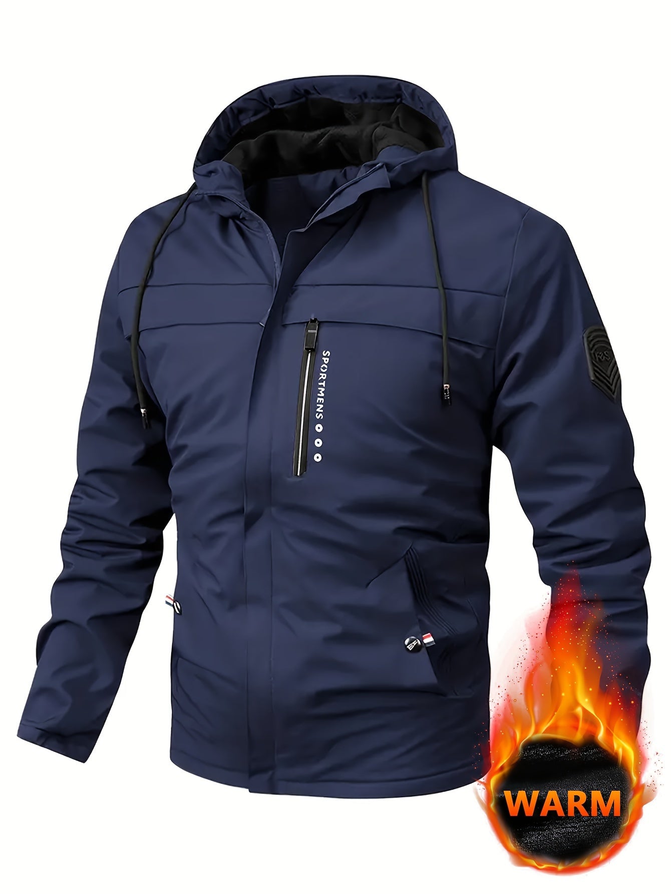 Manteau polaire pour hommes avec impression de lettres, vêtements décontractés à capuche et à fermeture éclair pour les activités de plein air - poches, rembourrage en coton, résistant à l'eau et respirant